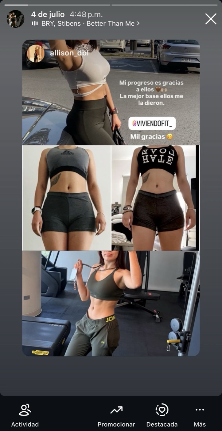 Historia de Instagram de Allison con sus fotos de progreso físico: 'Mi progreso es gracias a ellos. La mejor base ellos me la dieron. @viviendofit_ Mil gracias.'