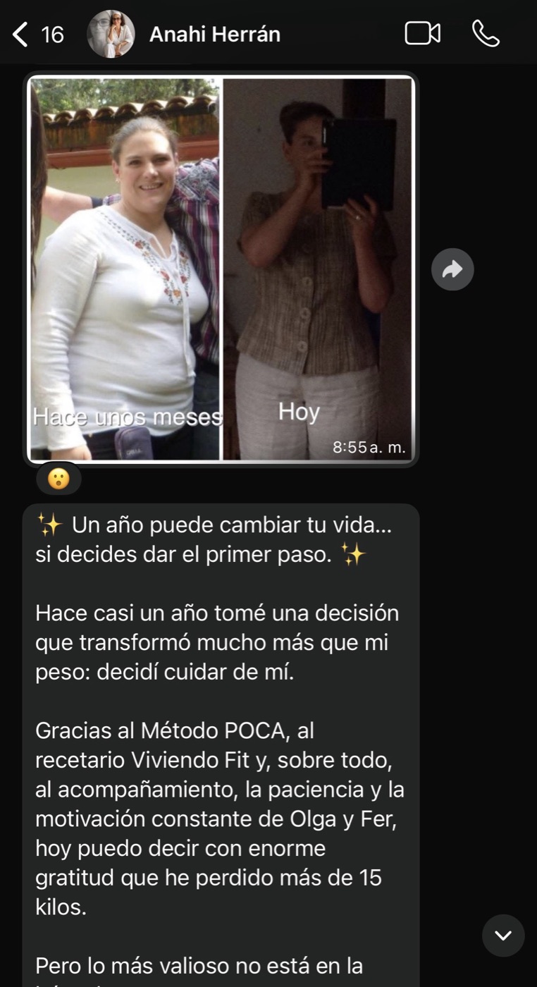 Mensaje de WhatsApp de Anahi con su foto de antes y después: 'Un año puede cambiar tu vida si decides dar el primer paso. He perdido más de 15 kilos.'