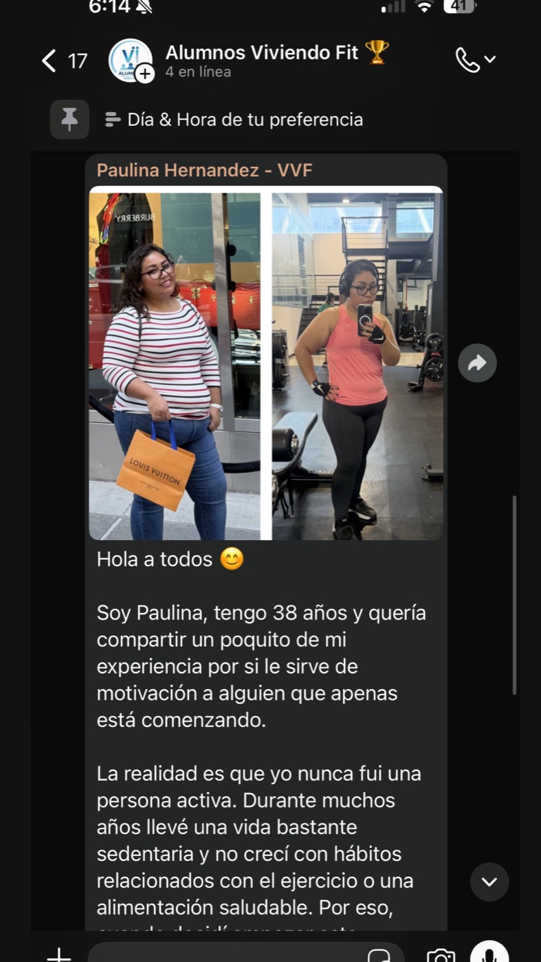 Mensaje de Paulina Hernández al grupo de alumnas con su foto de antes y después: 'Soy Paulina, tengo 38 años y quería compartir un poquito de mi experiencia por si le sirve de motivación a alguien que apenas está comenzando. Yo nunca fui una persona activa.'