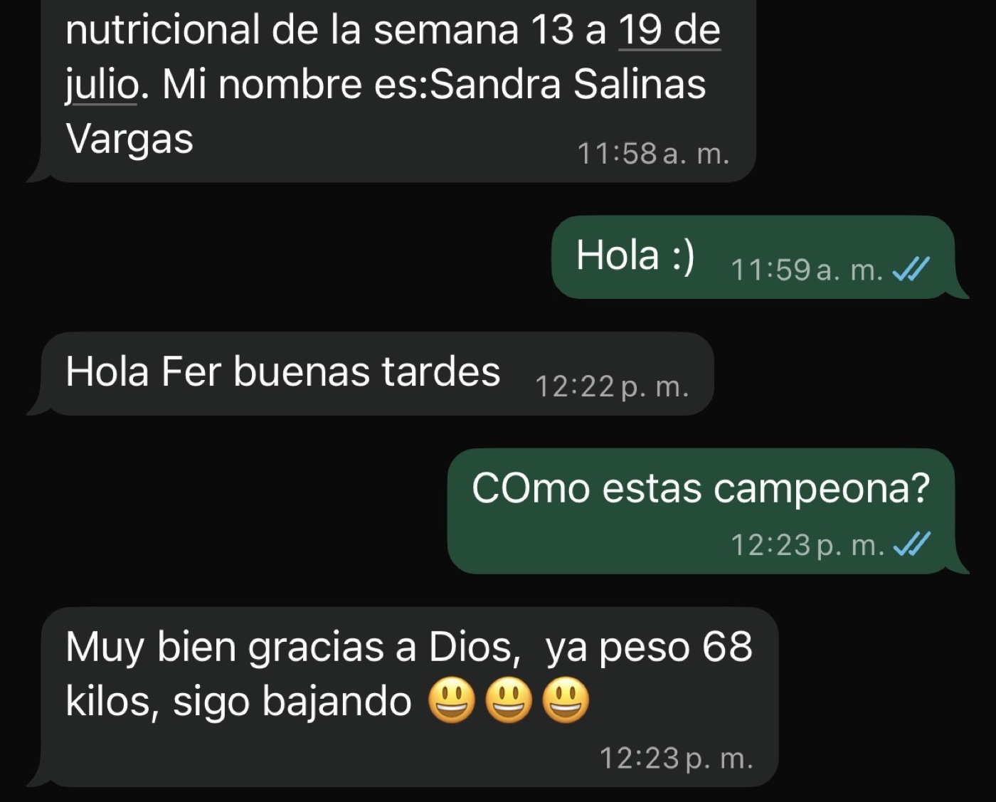 Conversación de WhatsApp con Sandra Salinas: 'Muy bien gracias a Dios, ya peso 68 kilos, sigo bajando.'